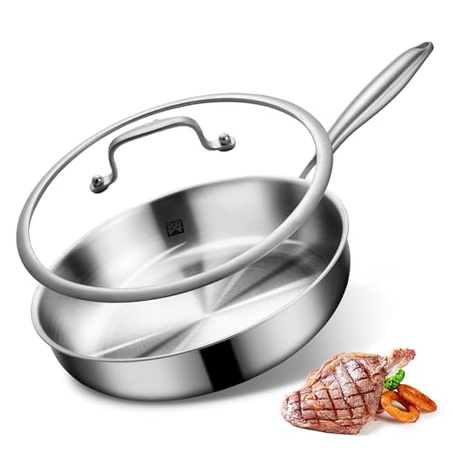 Edelstahl Bratpfanne 28cm mit Deckel, Edelstahl Pfanne unbeschichtet , 3-lagige Edelstahlpfanne induktion Omelette schadstofffreie Pfanne für alle Herdarten...