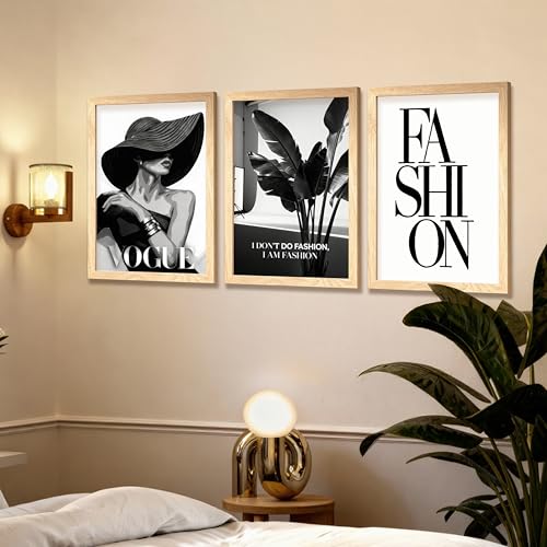 Image of NoWorries Modern Fashion Wall Art Frame Paintings 300 GSM Premium Prints | Vogue Lady Art, Botanical Print & Typography Frames | Stylish Home Decor for Living Room, Office & Bedroom | Synthetic Wooden Finish Wall Art Frames (Set of-3) (NATURAL, ART-6, 13X19INCHES)