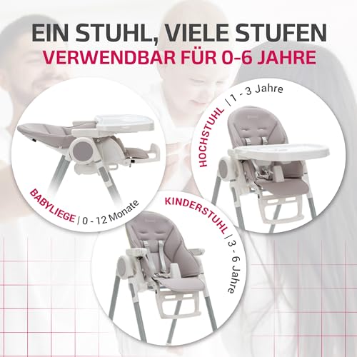 Suleno® Hochstuhl Baby mit Spielbogen, Ablage und Liegefunktion - für Junge Eltern, Vielseitiger Kinderhochstuhl, Ergonomischer Baby Hochstuhl für Komfort und Sicherheit (Hellgrau)