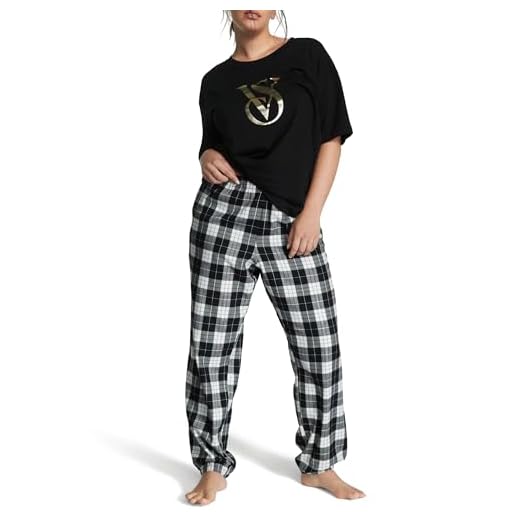 Victoria's Secret Cotton Tee Pajama Set, Short Sleeve Shirt and Long Flannel Pants, Pajamas for Women, Black White Plaid, XS