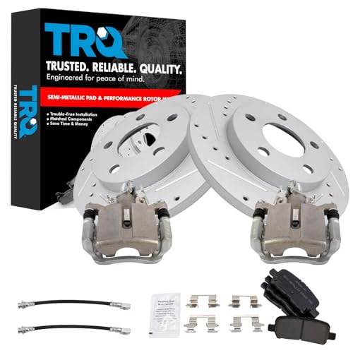 Image of TRQ Performance Rear Brake Pad and Rotor Set Semi Metallic Slotted Drilled G Coated Rotors Calipers Compatible with 2004 Pontiac Grand Prix