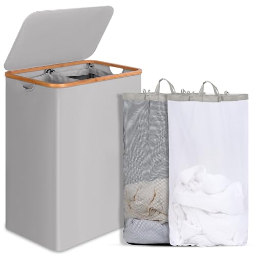 Image of Double Laundry Hamper with Lid, Divided Laundry Hamper with Removable Bags, 2 Section Dirty Clothes Basket with Handles for Bathroom, Bedroom & Laundry Room, 160L Dove Gray