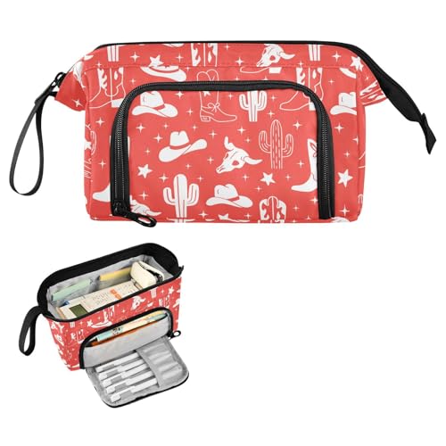 Image of Western Cowboy Red Pencil Case Pouch Big Capacity Pencil Bag Box Organizer Pen Case with Compartmens Stationery Organizer for Girls Boys Women Kids Adults School