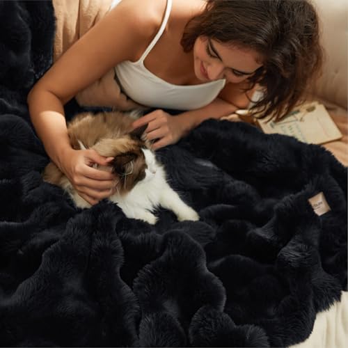 Image of Bedsure GentleSoft Faux Fur Throw XL Blanket, Fluffy Fuzzy Large Throw Blanket for Bed, Soft Cozy Fall Bedding Coloring Couch Cover, Thick Warm Plush Women Men Birthday Gifts, Black