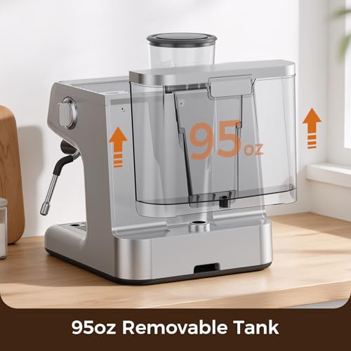 Image of Espresso Machine with Grinder,Expresso Coffee Machines, Professional Coffee Maker for Latte & Cappuccino with Milk Frother, Expresso Machines for Home, Removable Water Tank, Steam Wand-Silver