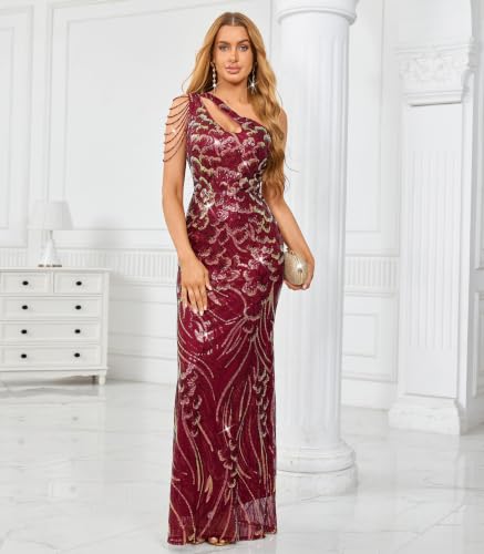 Image of Cololura Women Sequin Elegant Sexy One Shoulder Tassel Mermaid Bodycon Cocktail Evening Dress