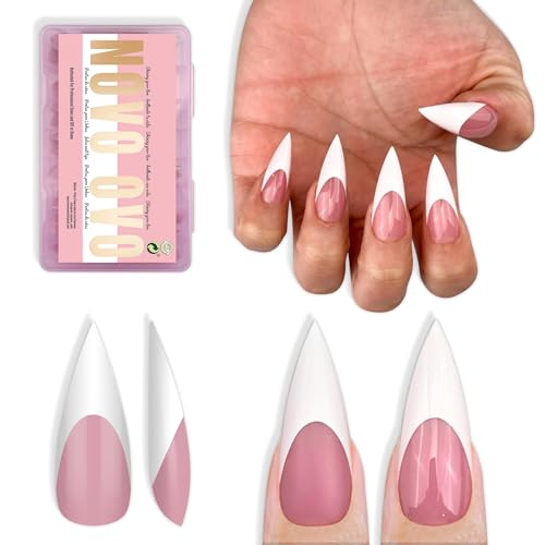 NOVO OVO White French Tip Sharp Stiletto Pointed Medium Long Nail Tips Press on Berry Pink, Soft Gel...