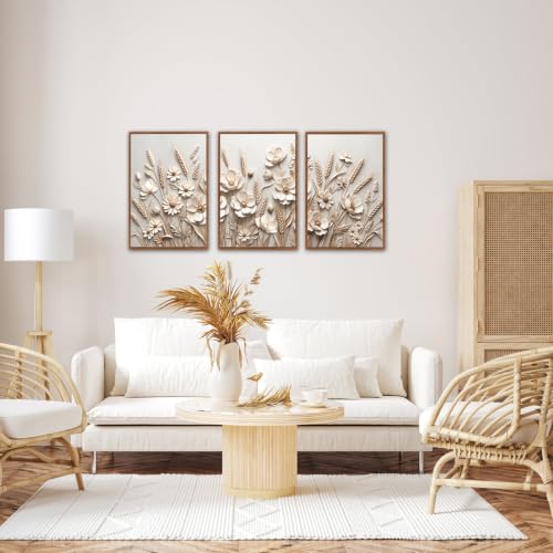 Image of CHDITB 3D Textured Wheat Floral Wall Art,Neutral Beige Farmhouse Wall Decor