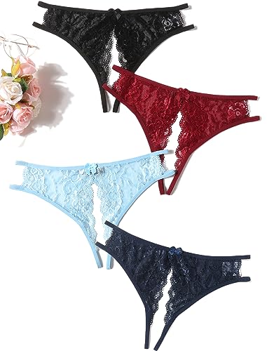 Image of Avidlove Women Lace Panties Sexy Thong Underwear Floral Lace Briefs | Womens sexy panty with Cute Bow Center Low Rise Underwear Mesh Hollow Out G-String 1-4 Pack