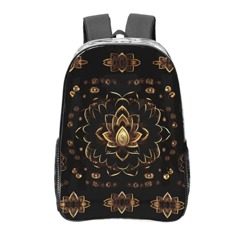 Sac à dos transparent imprimé lotus dorées avec poches de rangement noir