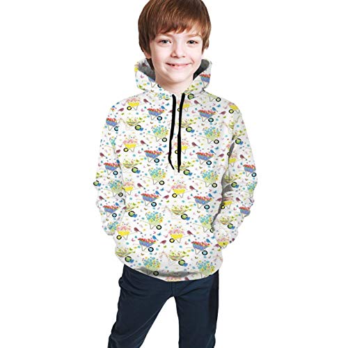 Teen Hoodies Fashion Sweatshirts,Rainbow Striped and Checkered Pattern Wheelbarrows Full of Wild Flowers and Birds XL