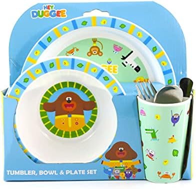 Hey Duggee Dinner Set 6 Piece for | Tableware Characters Lunch Reusable Cutlery Plate Bowl Tumbler Cup | Lightweight TV Show Blue Merchandise