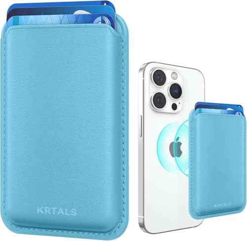 KRTALS Magnetic Wallet Cell Phone Card Holder for Phone Case with Mag-Safe, Stronger Magnetic RFID Leather Phone Wallet Stick on Series of iPhone 17/16/15/14/13/12 and Pro/Promax, Light Blue