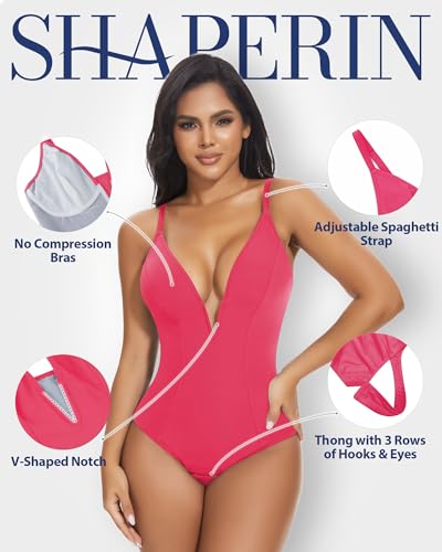Image of SHAPERIN Bodysuit for Women Shapewear Tummy Control Deep V Neck Plunge Sleeveless Backless Thong Body Suit Tank Top