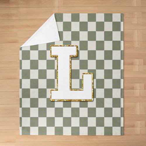 Image of Erosebridal Sage Green Checkered Fuzzy Plush Throw Plaid Initial L Fleece Blanket Personalized Monogram Flannel Blanket for Kids Boys Girls,Fashion Grids Gingham Decor for Bed Couch Throw 50 inchx60 inch