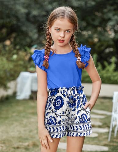 Image of Arshiner Girls 2 Piece Outfits Summer Clothes Ruffle Short Sleeve Shirts Top and High Waist Paper Bag Shorts Set with Pockets