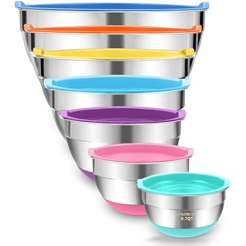 Mixing Bowls With Airtight Lids Set - 7Pc Stainless Steel Nesting Storage Bowls, Non-Slip Silicone Bottom, Size 0.7,1.1,1.7,2.1,2.7,3.6,4.5QT, Ideal for Baking, Prepping, Cooking and Serving Food Cover