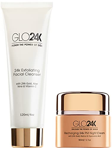 GLO24K Exfoliating Facial Cleanser & Night Cream with 24k Gold, Retinol, and Aloe Vera. Optimize your Daily Beauty Routine.