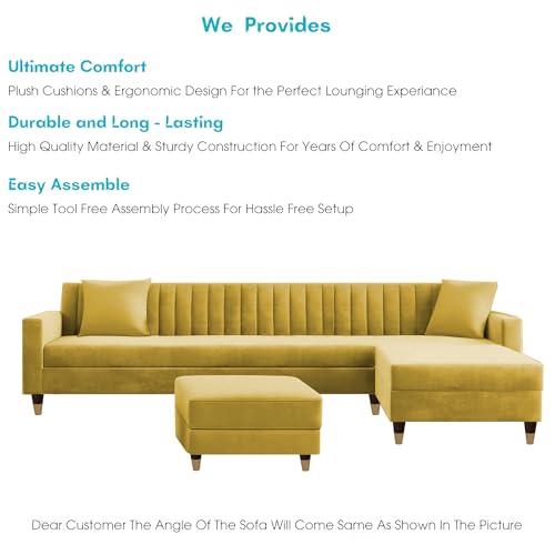Image of Casaliving Garcia RHS 8 Seater L Shape Sofa Set with Ottoman & 2 Puffy for Living Room (Yellow Colour) Premium Fabric Sofa Set