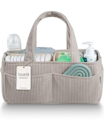 Image of PUTSKA Baby Diaper Caddy Organizer for Changing Table – Stylish Nursery Storage Basket, Newborn Essentials, Baby Shower Gifts and Registry Must-Haves for Boy or Girl, Car Diaper Caddy, Corduroy Grey