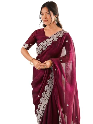 Image of SIRIL Women's Tissue Silk Sequence Embroidery Saree With Unstitched Blouse Piece
