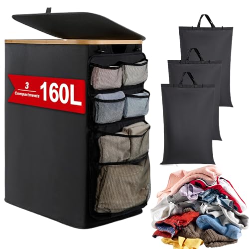 Parlayildiz 洗濯かご | 収納 汚れ衣類 ボックス 160L 蓋付き - 特大 洗濯かご - 家庭用 寮用 大学部屋用 ベビールーム用 浴室用 毛布 おもちゃ用