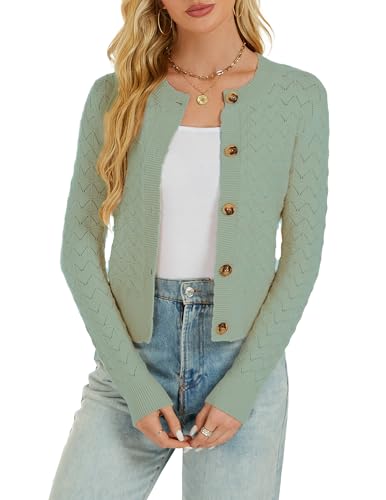 Damen Strickjacke Elegant Langarm Rundhals Cardigan Leicht Bolero Jäckchen mit Knöpfe Weiche Jacke über Top Kleid Salbei,S Damen Strickjacke Elegant Langarm Rundhals Cardigan Leicht Bolero Jäckchen mit Knöpfe Weiche Jacke über Top Kleid Salbei,S
