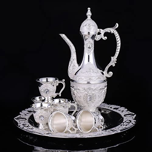 Godnoei Vintage Metal Turkish Coffee Pot Set Turkish Tea Set With 6 Luxury Coffee Cups & Craft Tea Tray Teapot For Serving Tea Zamzam Coffee Cappuccino,Gold Silver Ottoman Trim Weddin Gift #TOP18