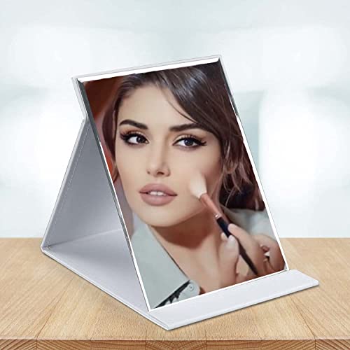 Image of Glass Folding Round Compact Mirror - PU Leather Vanity Mirror With Stand for Desk, Table, Camping, Travel - Tabletop Princess Square Makeup Mirror