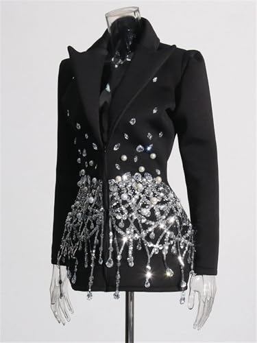 Women Patchwork Rhinestones Blazer Female Lapel Long Sleeve High Waist Spliced Sequins Blazer4
