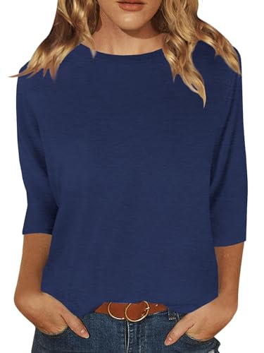 JomeDesign Summer Tops for Women 3/4 Length Sleeve Tunic Tops Casual Shirts Basic Tees Navy Blue