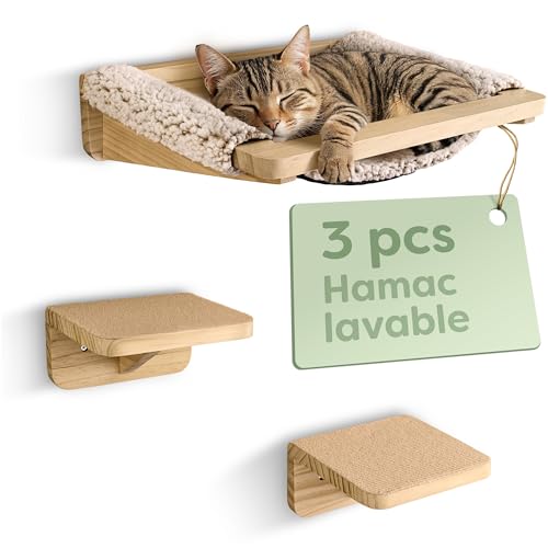 Knupis Étagère Murale Chat avec Hamac & 2X Escaliers – Bois de Pin Massif FSC®, Couchage Mural Solide Jusqu’à 30 kg – pour Jeu & Confort - Beige