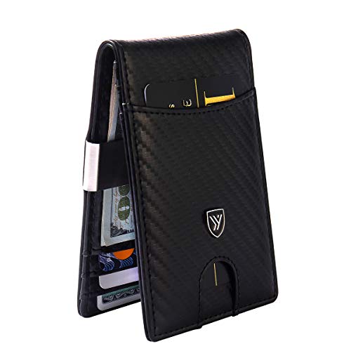 YBONNE New Wallet for Men 2021 with Money Clip RFID Blocking Bifold Made of Carbon Fiber Leather (Black)