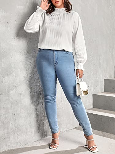 top feminino tamanho grande Plus Frilled Neck Flounce Sleeve Blouse (Color : White, Size : 1XL)
