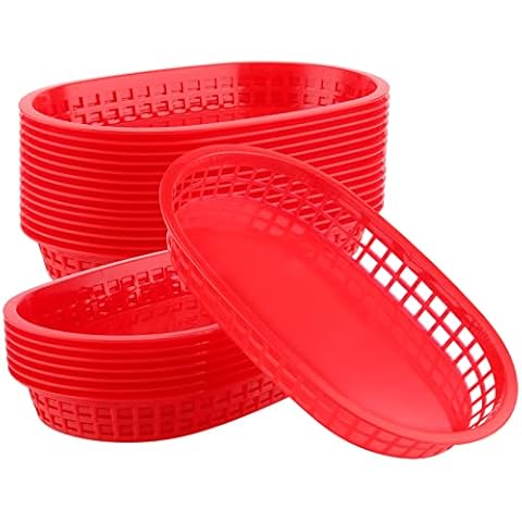 KOHAND 24 Pack 11 x 7 Inch Red Fast Food Basket, Plastic Oval Shaped Fast Food Serving Basket, Deli Food Service Basket for Bread, Hot Dog, Burgers, Sandwiches, Fries, Barbecues Cover