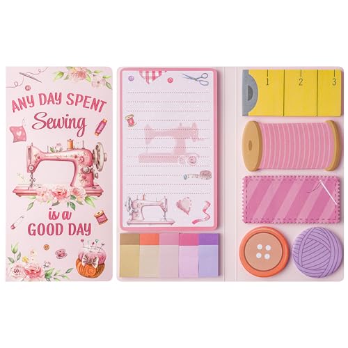 Xqumoi Retro Sewing Sticky Notes Set - Any Day Spent Sewing is A Good Day Self-Stick Note Pads Teacher Appreciation Notepads Writing Memo Pad Page Marker Back to School Office Supplies (Pink)