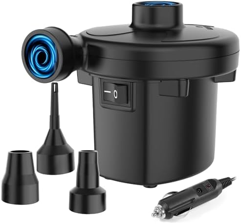 Huachuang Electric Air Pump for Inflatable: Portable Quick-Fill Air Mattress Pump with 3 Nozzles 110V AC/12V DC - Inflator/Deflator for Vacuum Bags, Sleeping Pads, Pool Floats, Swimming Rings