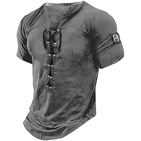 WENKOMG1 Pirate Shirt for Men Short Sleeve Distressed Summer V Neck Tees Retro Style Medieval Lace Up Henley Shirt, Polo Shirt for Men T Shirts Mens Golf Shirts Hawaiian Shirt(A Gray,X-Large) Cover