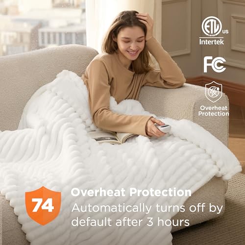 Image of Bedsure Heated Blanket Electric Throw - Thick Striped Flannel Electric Blanket, Heating with 4 Time Settings, 6 Heat Settings, and 3-Hour Timer Auto Shut Off, Gift for Grandma (50x60 inches, White)