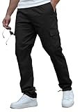 HYPESTFIT Mens Cotton Cargo Trousers Loose Straight Joggers Sweatpants Casual Hiking Pants Drawstring Multi-Pocket Athletic Track Bottoms Black