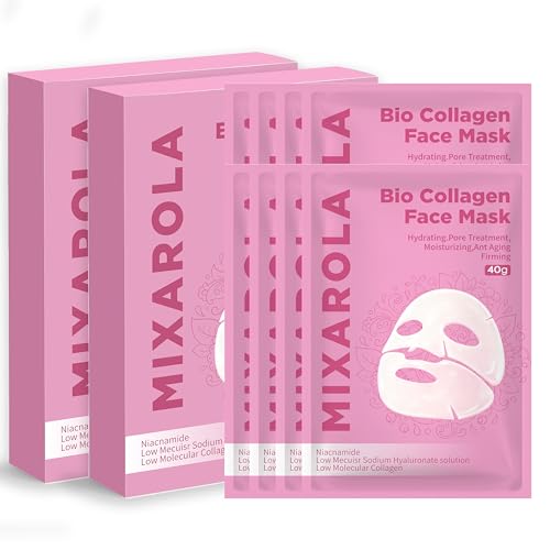 MIXAROLA Collagen Glow Up Mask 2.0, Bio Collagen Face Mask for Firming Skin, Deep Hydration, Wrinkle & Pore Reduction(4 Count (Pack of 1))