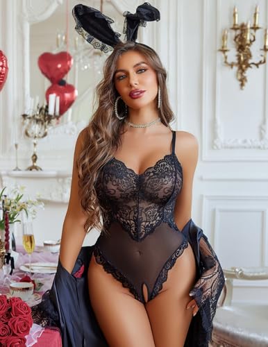 Avidlove Sexy Lingerie for Women One Piece Teddy V Neck Bodysuit Black - image 5