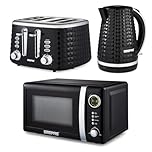 Geepas Electric Kettle 4 Slice Bread Toaster & Microwave Kitchen Set | 1.7L Textured Cordless Kettle 2200W | 4 Slice Toaster with 7 Level Browning Control | 700W Digital Microwave 20L, Black