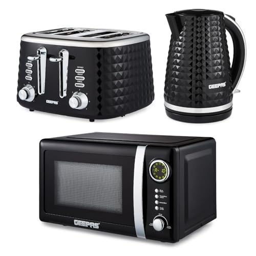 Geepas Electric Kettle 4 Slice Bread Toaster & Microwave Kitchen Set | 1.7L Textured Cordless Kettle 2200W | 4 Slice Toaster with 7 Level Browning Control | 700W Digital Microwave 20L, Black