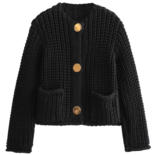 Image of Arssm Womens Cropped Cardigan Sweaters Chunky Open Front Button Down Knit Sweater Long Sleeve Loose Cardigan Outerwear(Black-M)