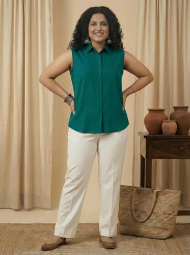 Image of Women Plus Size Sleeveless Button Down Shirt Polyester Formal Office Casual Wear Classic Fit Professional Shirt