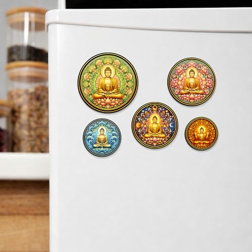 Image of Regalo Casila Buddha Mandala Art Fridge Magnets Set of 5 Wooden Refrigerator Magnets Spiritual Decorative Kitchen Magnets Souvenir Gift Strong Magnetic Home Decor