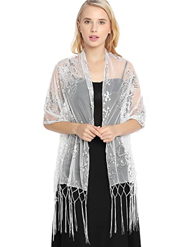 HEREAD Sequin Shawls and Wraps for Evening Dresses 1920s Lace Fringe Scarf Sparkly Wedding Accessories for Women and Bride