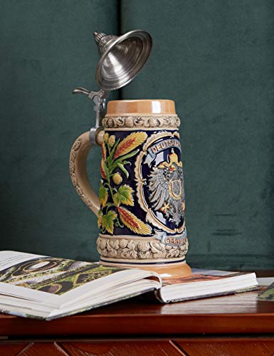 HAUCOZE Beer Stein German Beer Stein Ceramic Beer Mug Handmade Cup Tankard Petwer Lid Germany Coats of Arms Relief Gifts Souvenirs Giftbox 0.6 Liter - Thumbnail 4