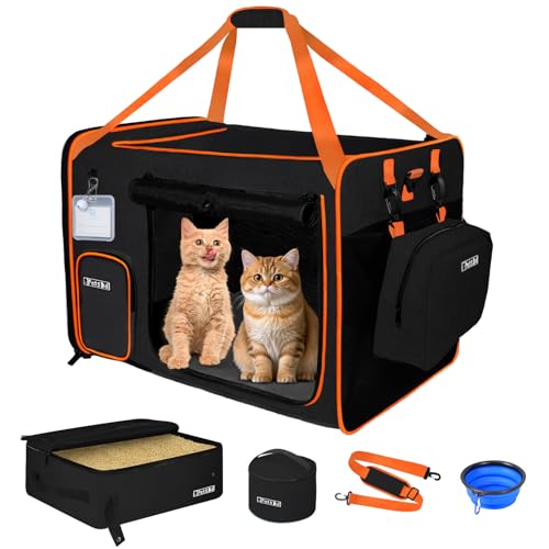 Petskd Extra Large Cat Carrier with Litter Box for Car Travel 24x17x17Portable Soft-Sided Pet Carrier with Zipper Locks for Large Mudium Cats or 2 Small Cats Under 55LBS(Black)